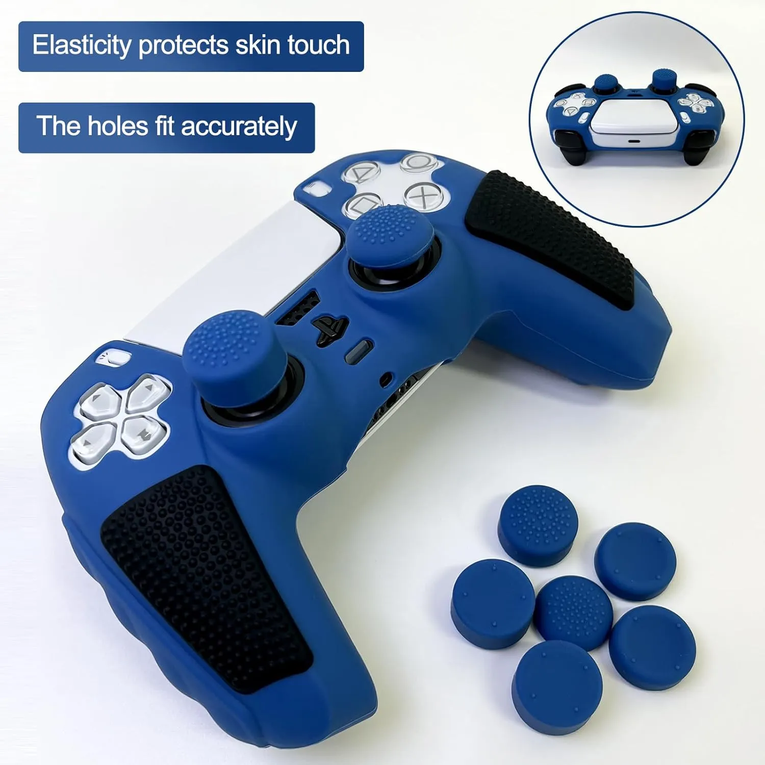 Blue Anti-Slip PS5 Controller Skin,Soft Thicken Studded Protective Silicone Cover Skin Grips Compatible with PlayStation 5 Controller with 8 PCS Thumb Grips Caps.