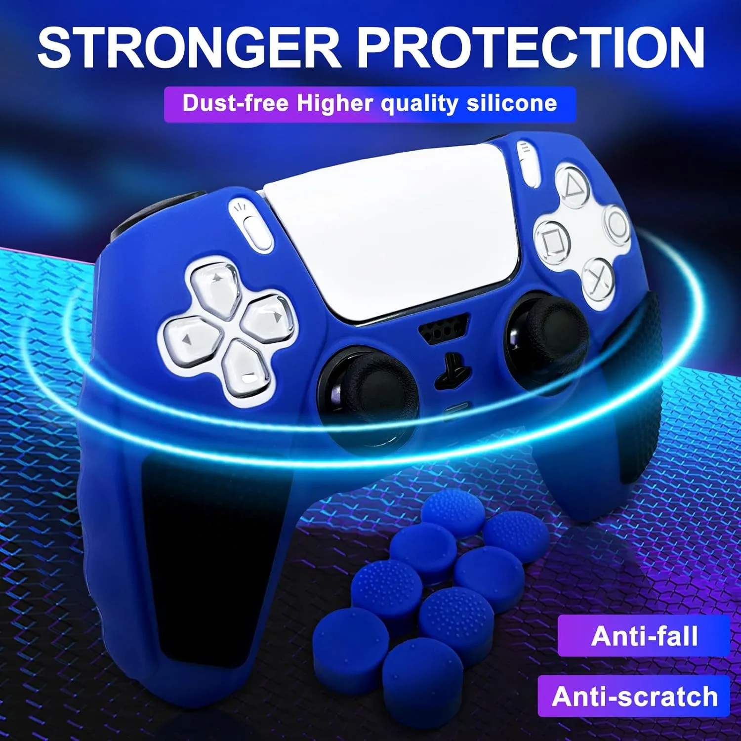 Blue Anti-Slip PS5 Controller Skin,Soft Thicken Studded Protective Silicone Cover Skin Grips Compatible with PlayStation 5 Controller with 8 PCS Thumb Grips Caps.