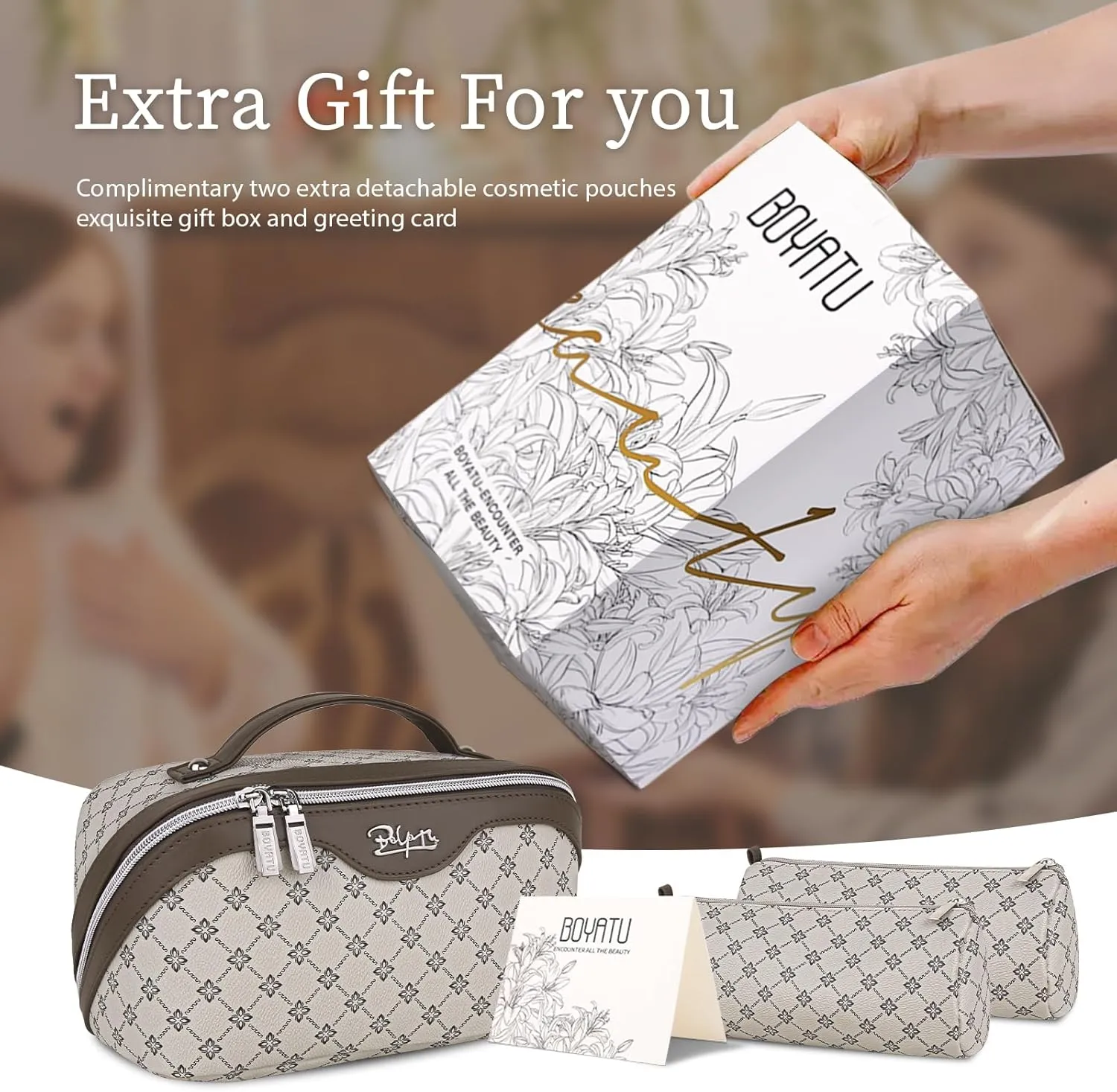 BOYATU Travel Makeup Bag Cosmetic Bags for Women: 3 Pcs Set Large Portable Make up Bag with Handle - Vegan Leather Toiletry Bags with Compartments - Makeup Organizer for Travel Essentials(01-Khaki)