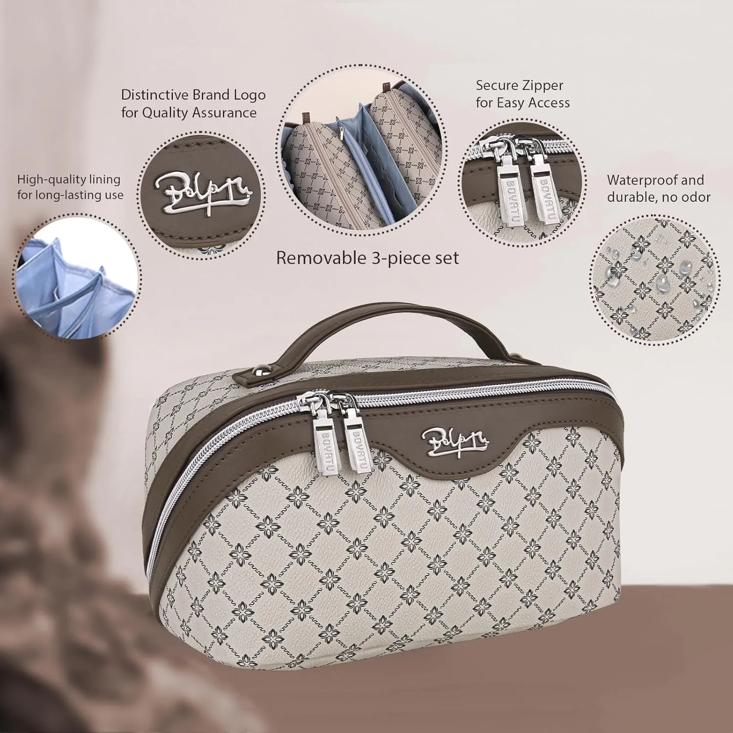 BOYATU Travel Makeup Bag Cosmetic Bags for Women: 3 Pcs Set Large Portable Make up Bag with Handle - Vegan Leather Toiletry Bags with Compartments - Makeup Organizer for Travel Essentials(01-Khaki)