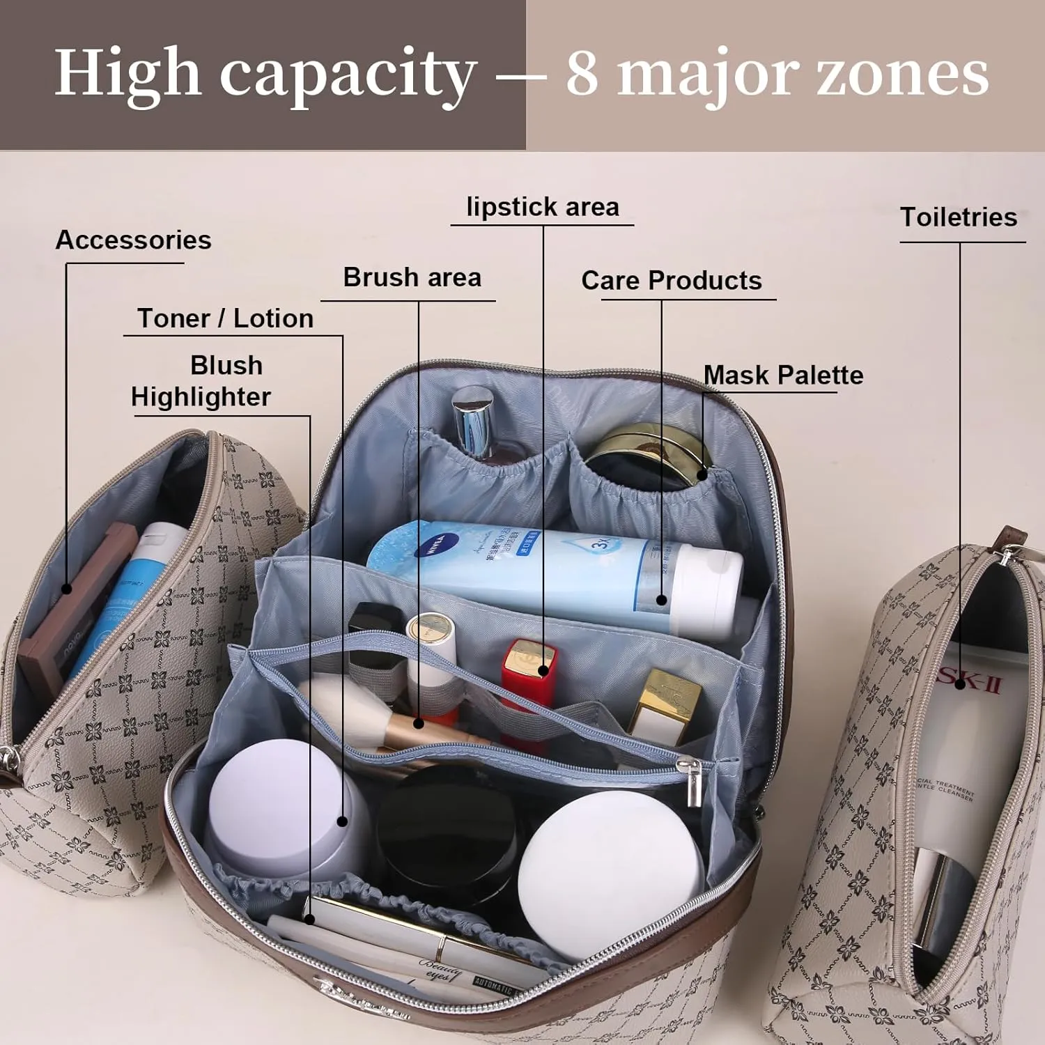 BOYATU Travel Makeup Bag Cosmetic Bags for Women: 3 Pcs Set Large Portable Make up Bag with Handle - Vegan Leather Toiletry Bags with Compartments - Makeup Organizer for Travel Essentials(01-Khaki)