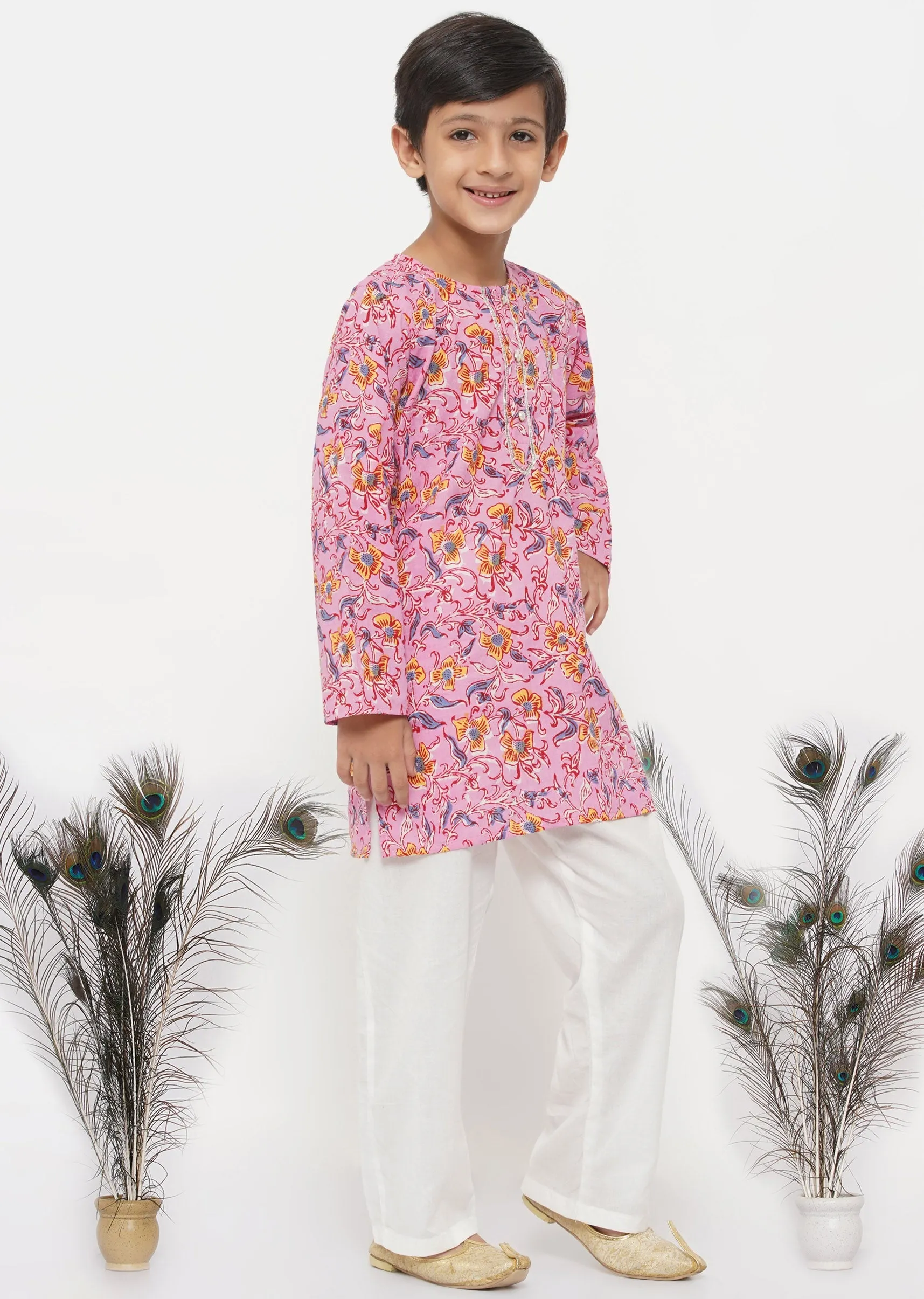 Boy's Cotton Block Print Floral Kurta With Pearl Buttons And Pyjama In Pink And Cream - Little Bansi Boys