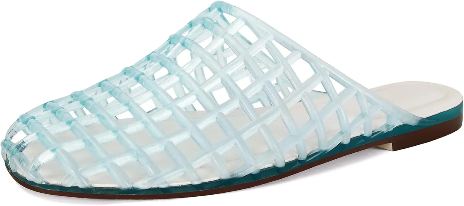Clear Jelly Flats for Women Closed Toe Mesh Hollow Jellies Mule Sandals Slip On Jelly Slides Casual Comfortable Summer Beach Slipper Sandals