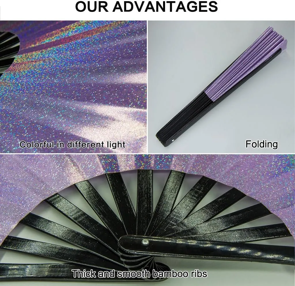 Large Rave Fan, Clack Folding Hand Fan with Premium Fabric, Thick Bamboo Frame for Men Women Gift for EDM, Festival, Club, Party, Dance, Decoration (Lridescent Purple, 13")
