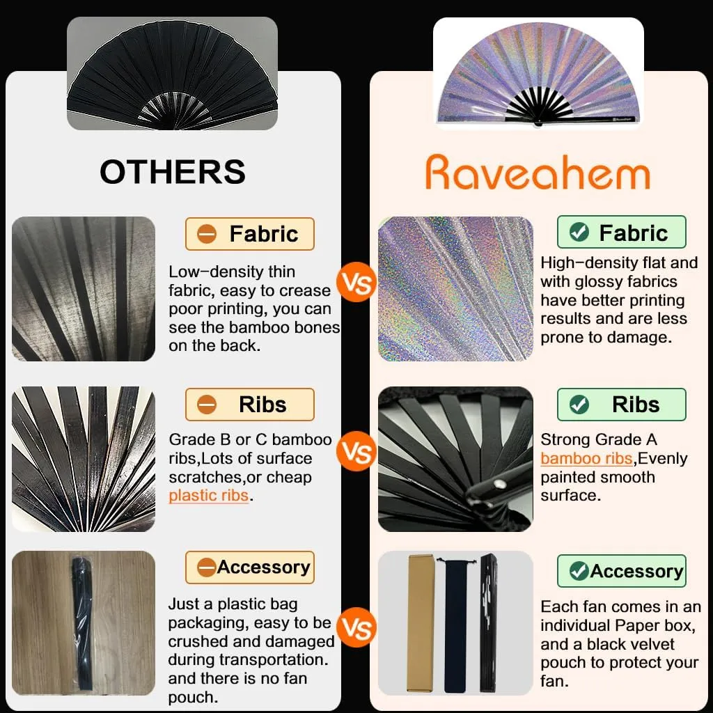 Large Rave Fan, Clack Folding Hand Fan with Premium Fabric, Thick Bamboo Frame for Men Women Gift for EDM, Festival, Club, Party, Dance, Decoration (Lridescent Purple, 13")