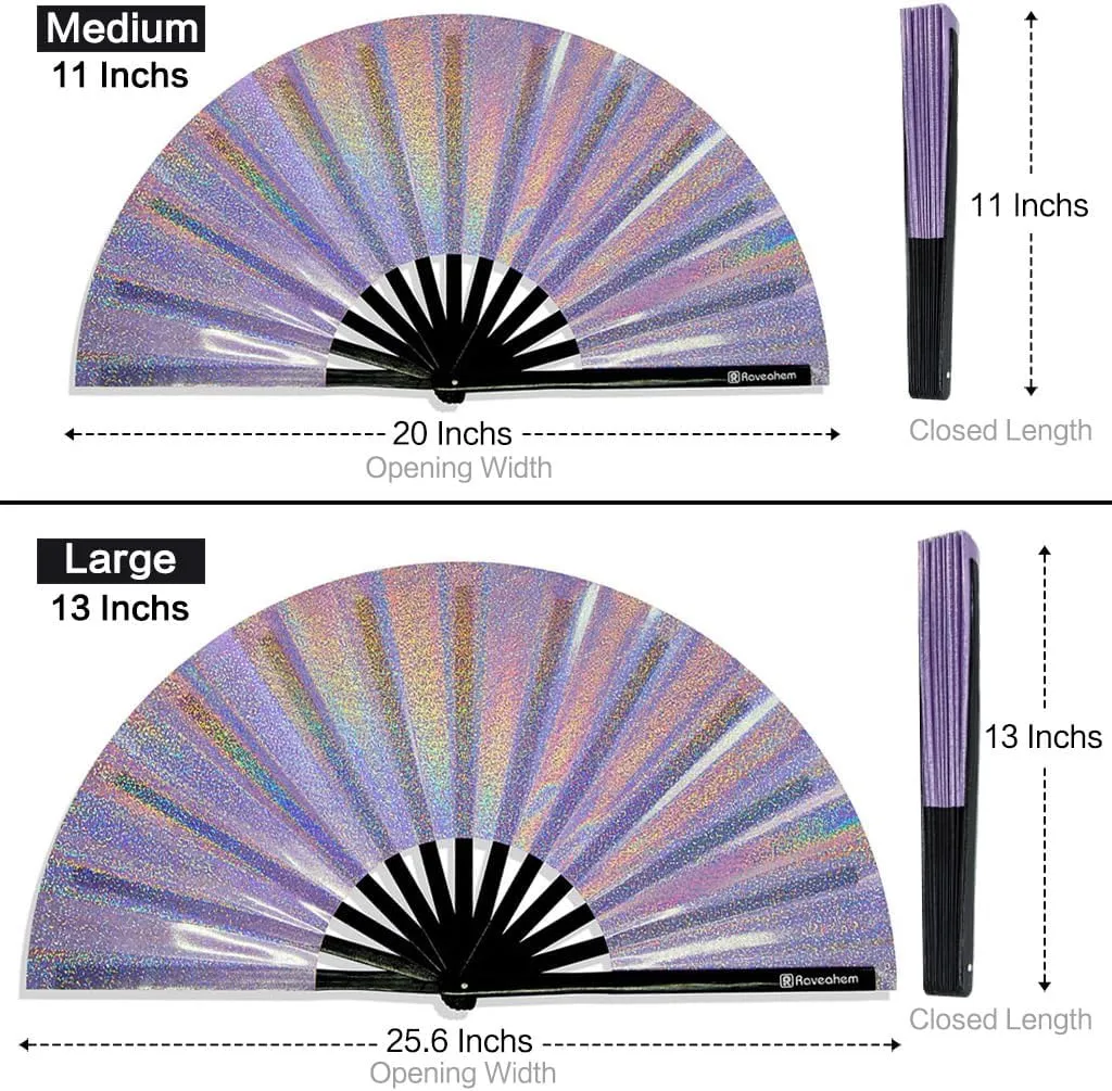 Large Rave Fan, Clack Folding Hand Fan with Premium Fabric, Thick Bamboo Frame for Men Women Gift for EDM, Festival, Club, Party, Dance, Decoration (Lridescent Purple, 13")